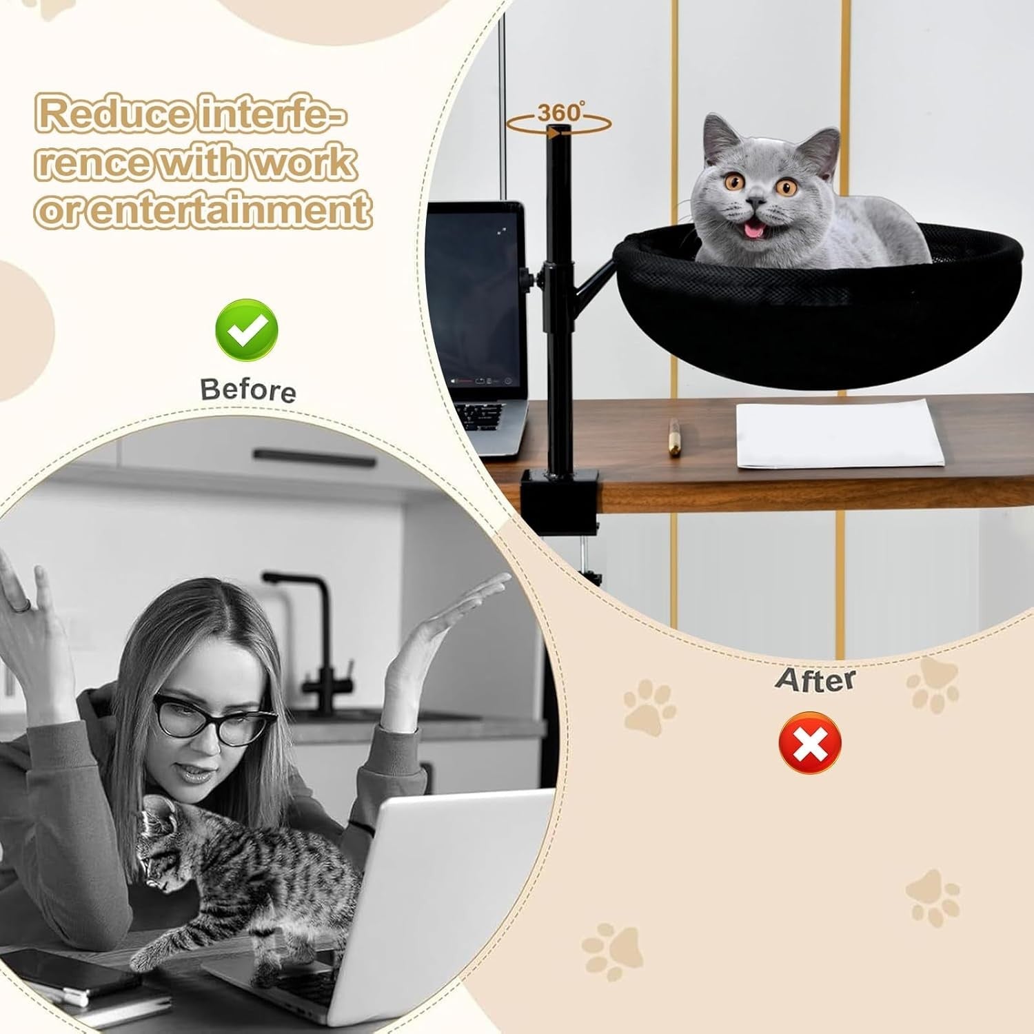 360° Rotating Cat Desk Bed Clamp On Hammock Washable Black