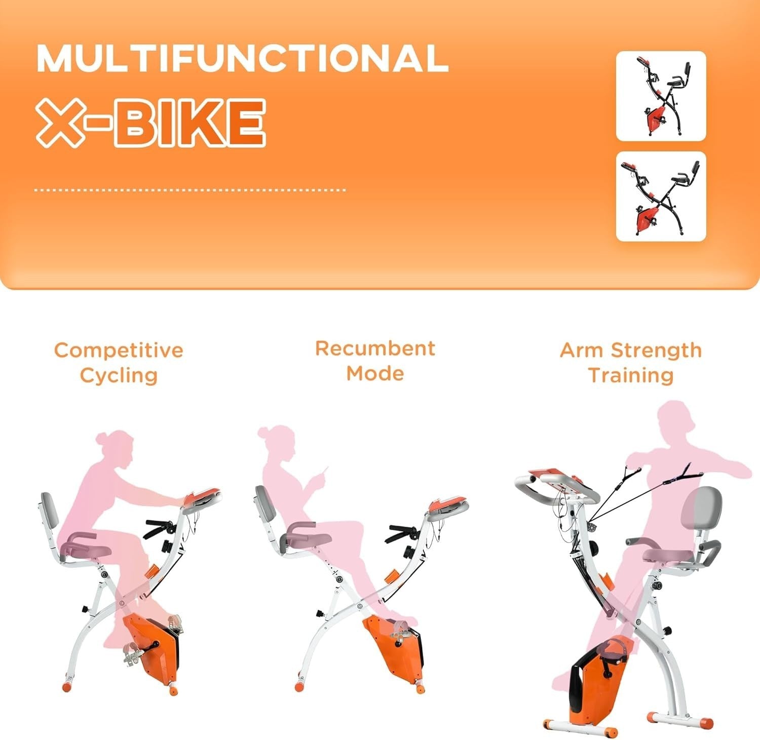 Orange 3-in-1 Folding Exercise Bike Magnetic Resistance LCD Pulse & Bands