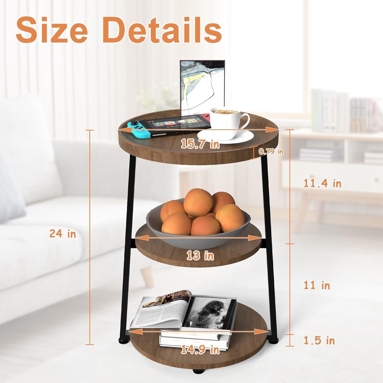 3-Tier Round Rustic Brown Side Table with Charging Station, 40x40x61cm