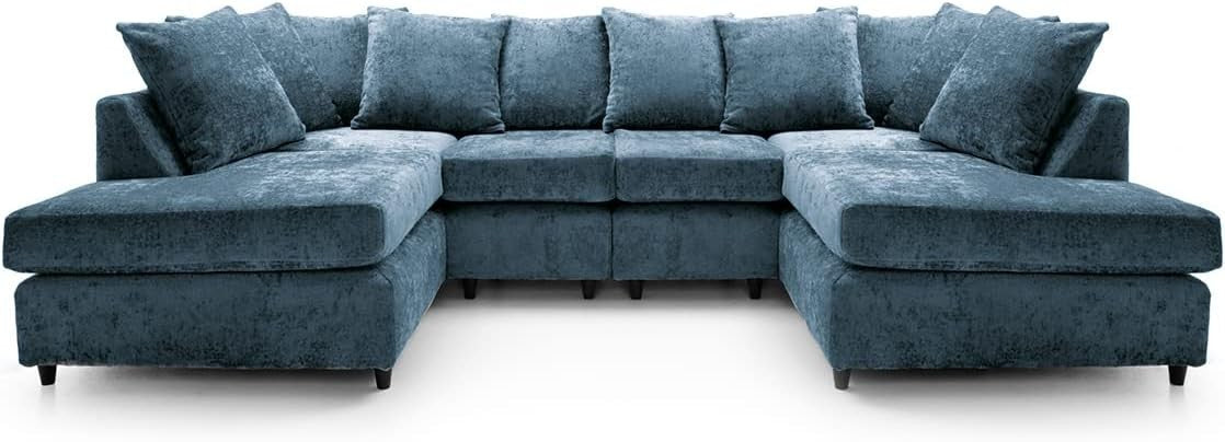 U-Shaped Sofa Dark Blue Chenille w/ Cushions + Footstool | 280x164x90cm Modern