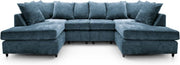 U-Shaped Sofa Dark Blue Chenille w/ Cushions + Footstool | 280x164x90cm Modern
