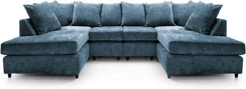 U-Shaped Sofa Dark Blue Chenille w/ Cushions + Footstool | 280x164x90cm Modern