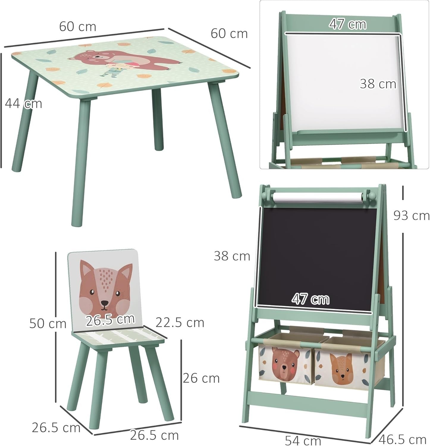 Kids Table & Chairs Set with Easel, Chalkboard & Paper Roll, Sturdy Pine