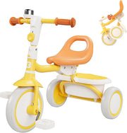 Foldable Toddler Tricycle Adjustable Seat Kids Trike Yellow Age 18M-5Y