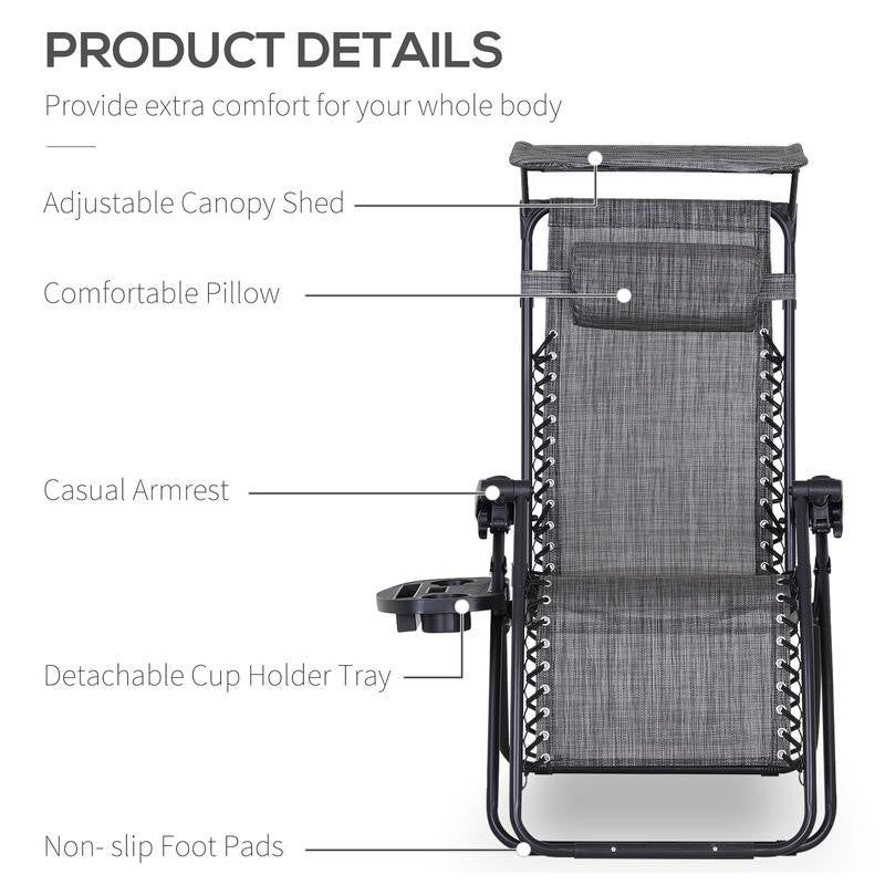 Zero Gravity Recliner Folding Garden Chair w/ Shade Cup Holder Grey
