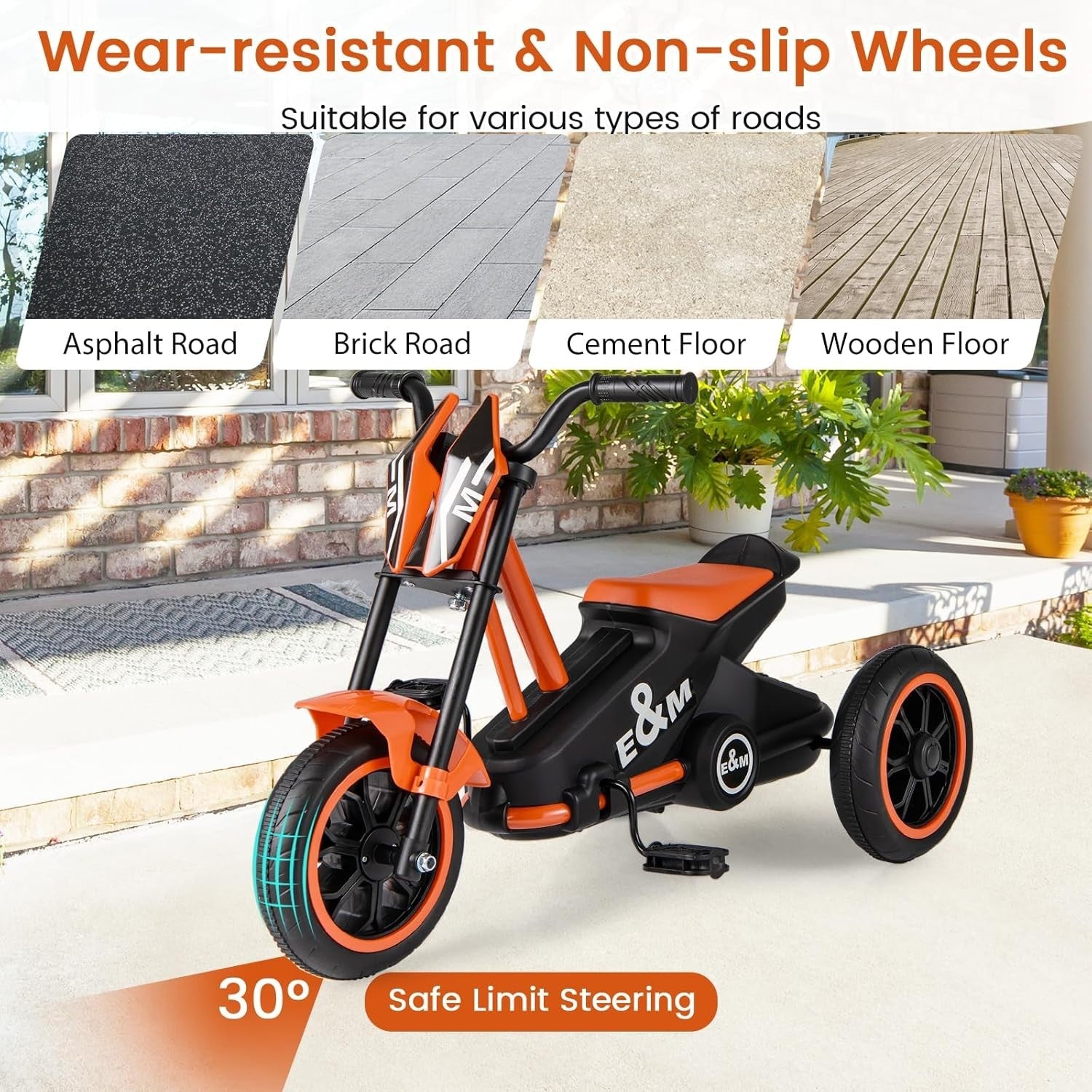 Kids Tricycle 3 Wheel Balance Bike Anti Slip Pedals Orange Age 3+