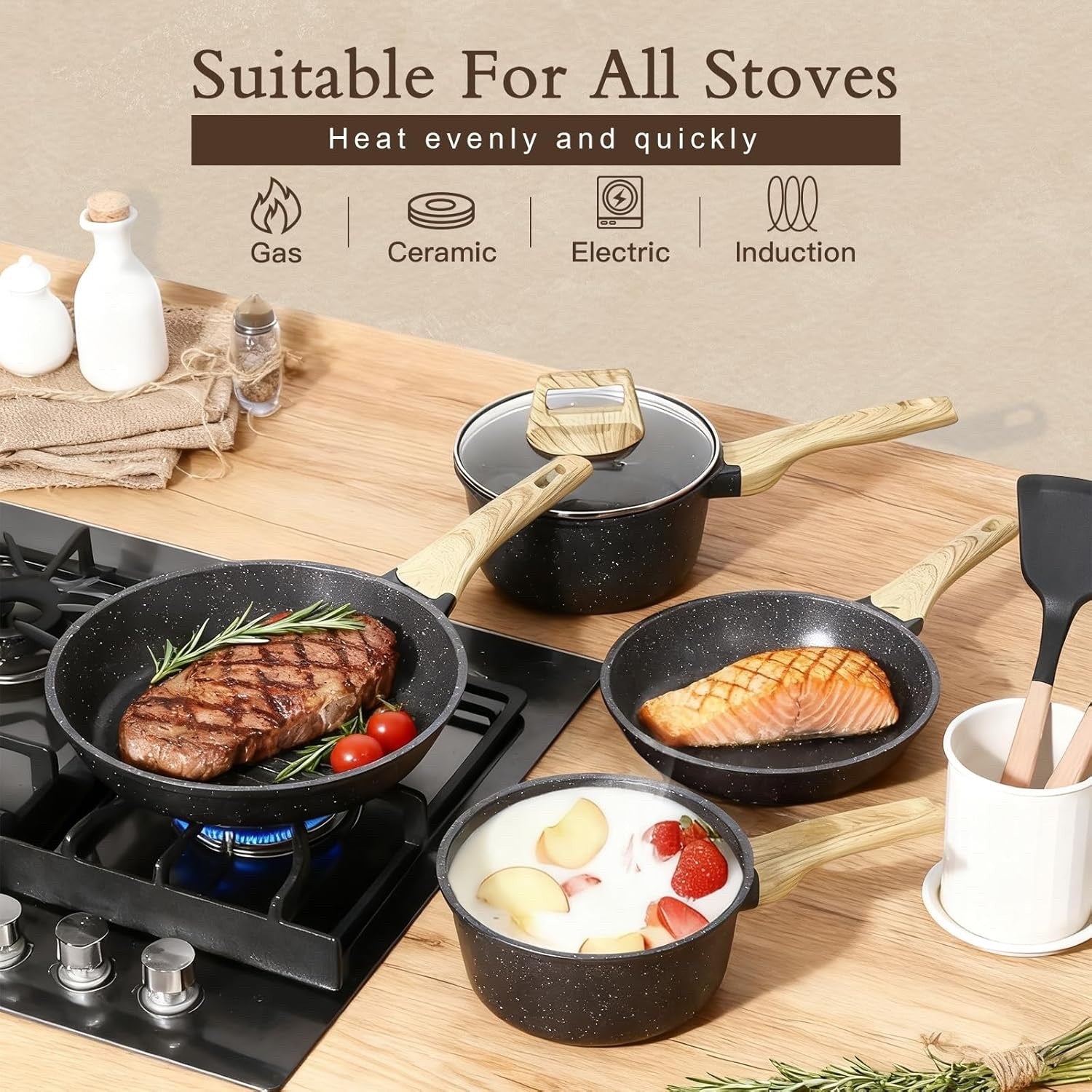 17Pcs Dark Grey Ceramic Non-Stick Cookware Set with Lids & Utensils, PFAS-Free