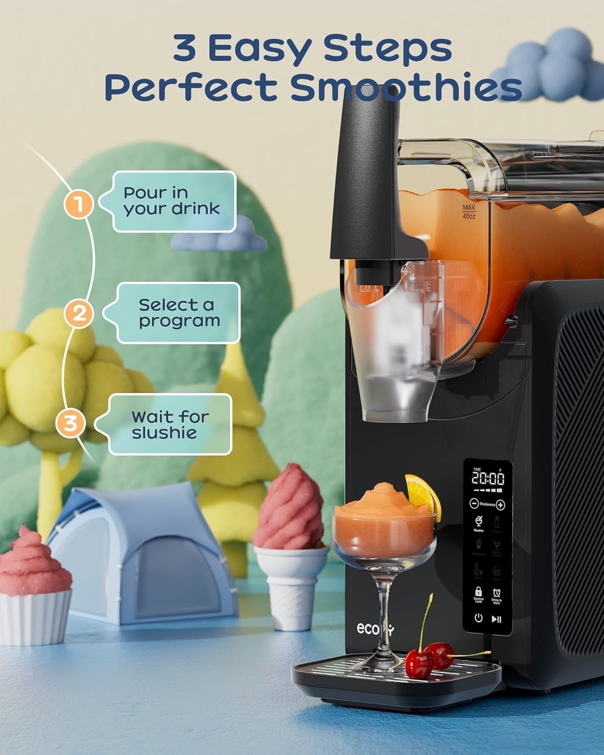 Slushie Maker Machine 2L No Ice Digital Touch Self Cleaning 5 Presets