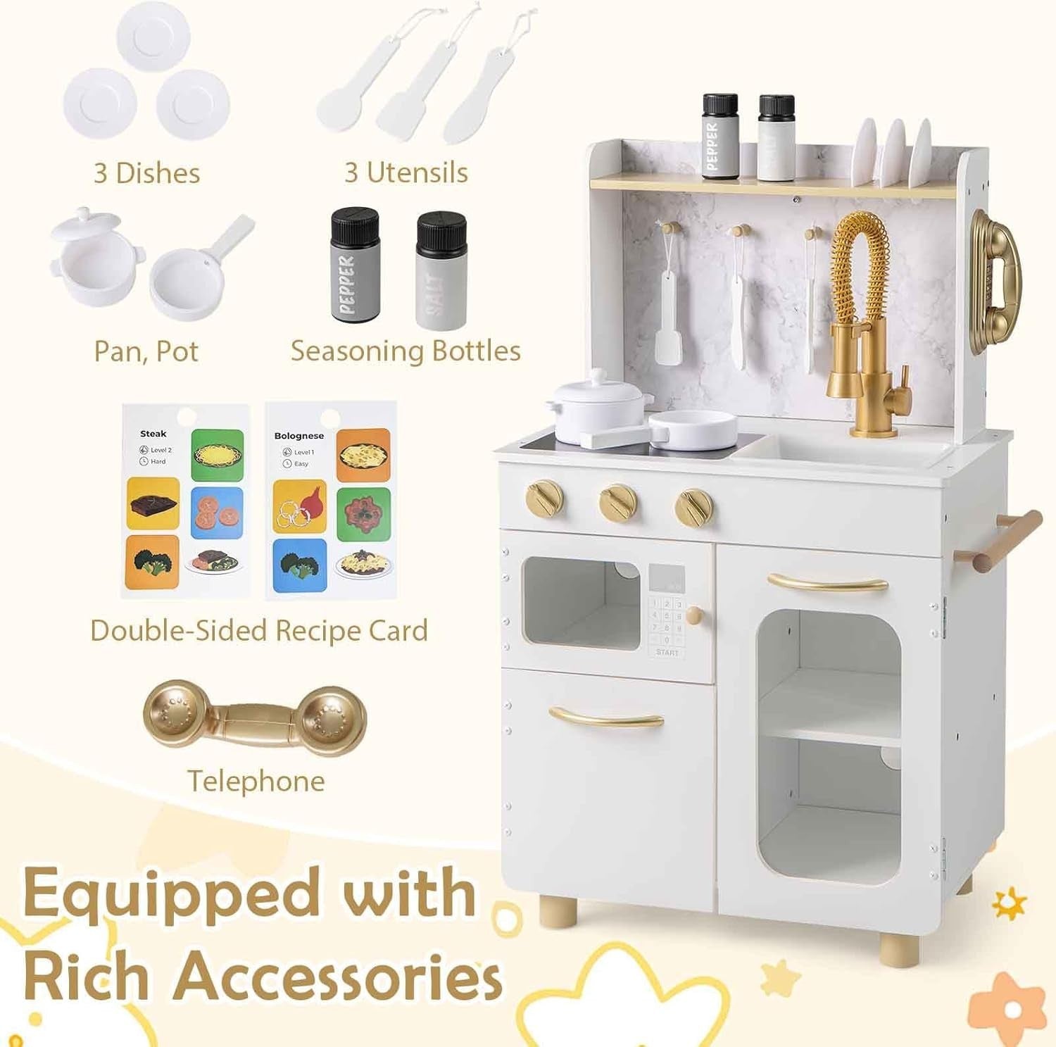 Wooden Kids Play Kitchen White Toy Set Microwave Oven Telephone