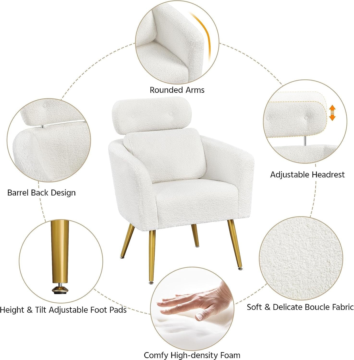 2x White Boucle Accent Chairs Adjustable Headrest Lumbar Lounge Armchairs
