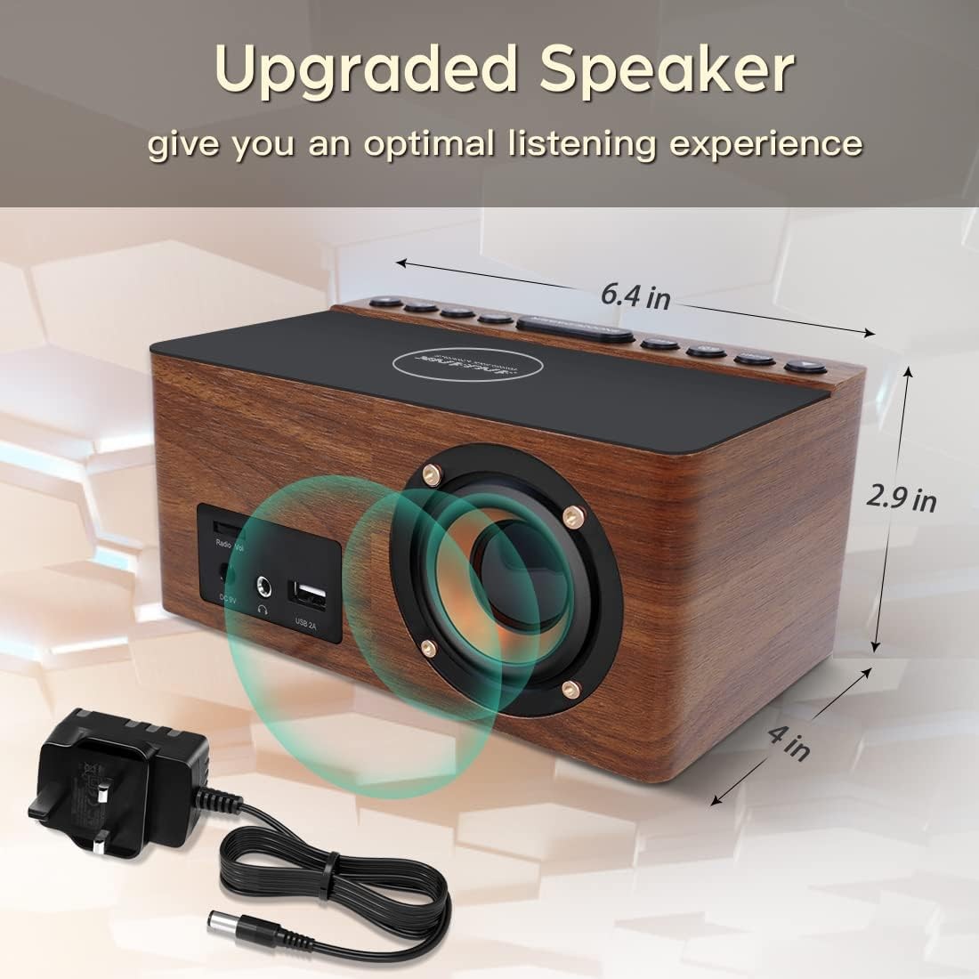 Wooden FM Radio Alarm Clock Wireless Charger USB Bedside Digital Display