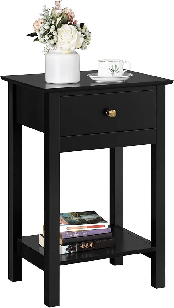 Black Bedside Table with Drawer & Shelf | Modern Wooden Nightstand 30x40x61cm