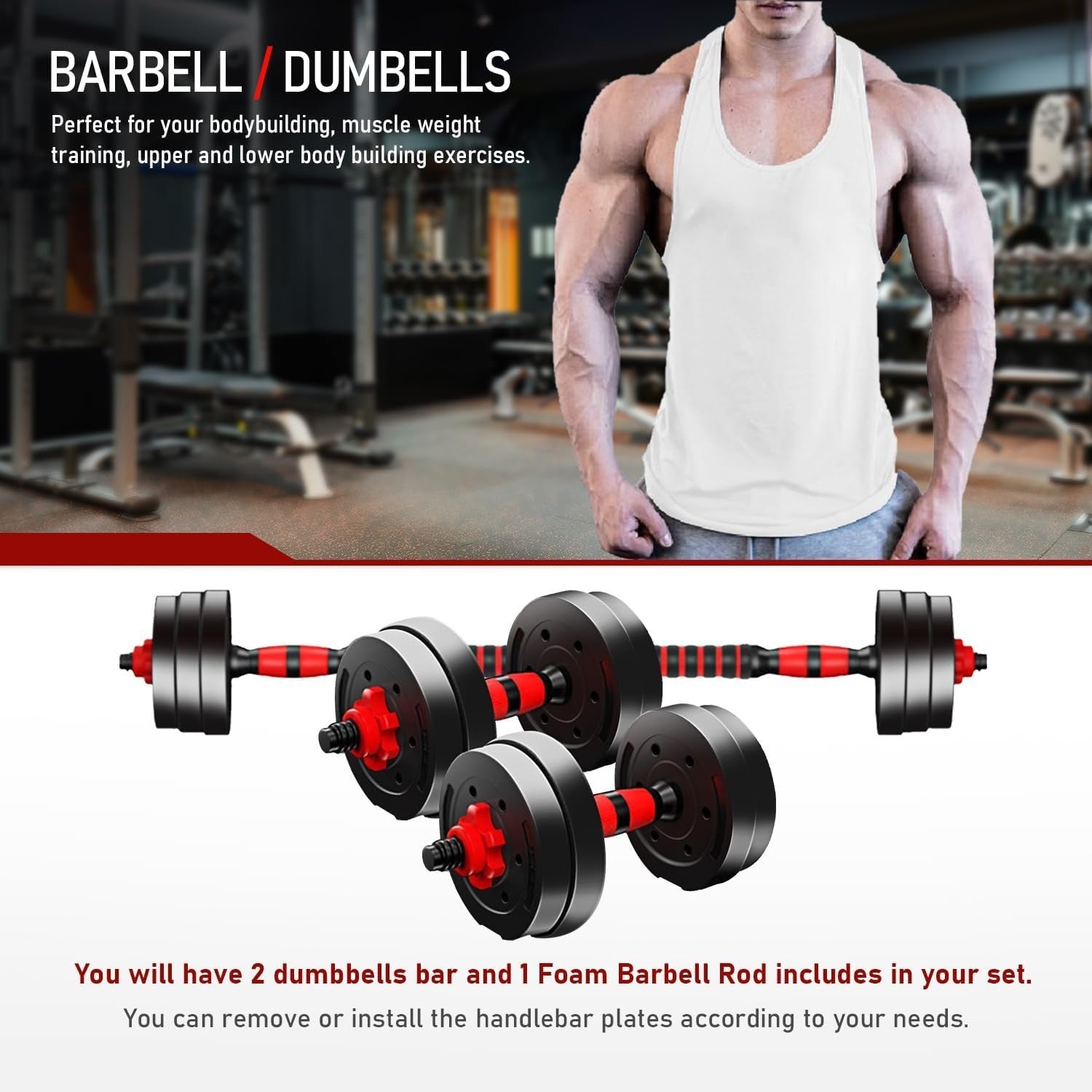 10kg Adjustable Dumbbell Barbell Set Neoprene 2-in-1 Home Gym Weights
