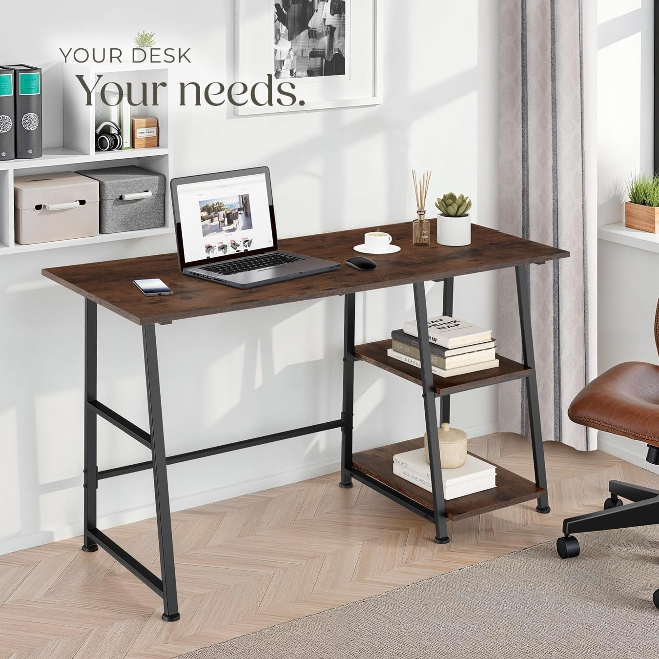 Modern Computer Desk Dark Wood 120cm with 2 Shelves & Steel Frame Office Table