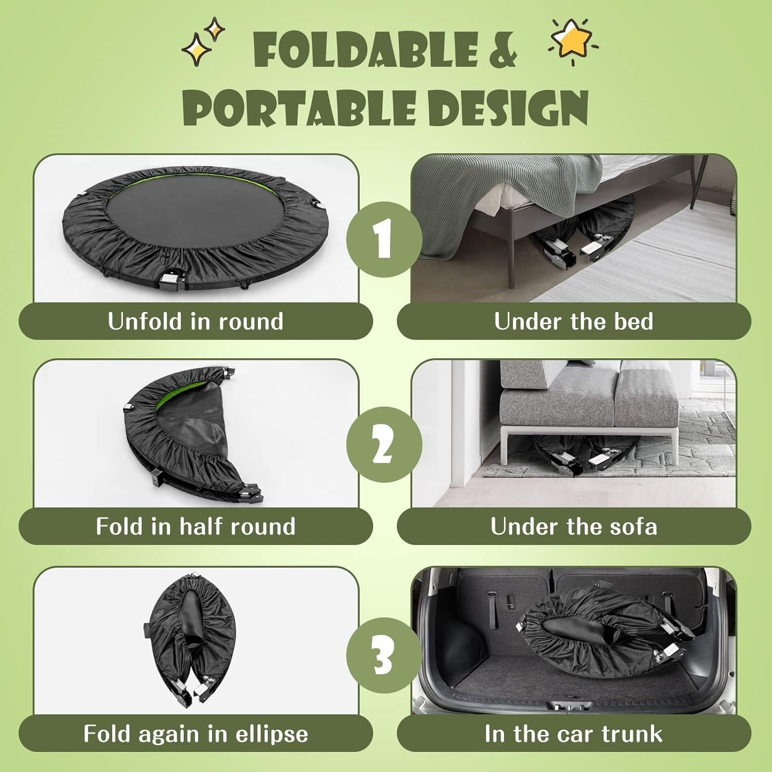 45'' Mini Trampoline Fitness Rebounder Foldable Adjustable Handle 100KG