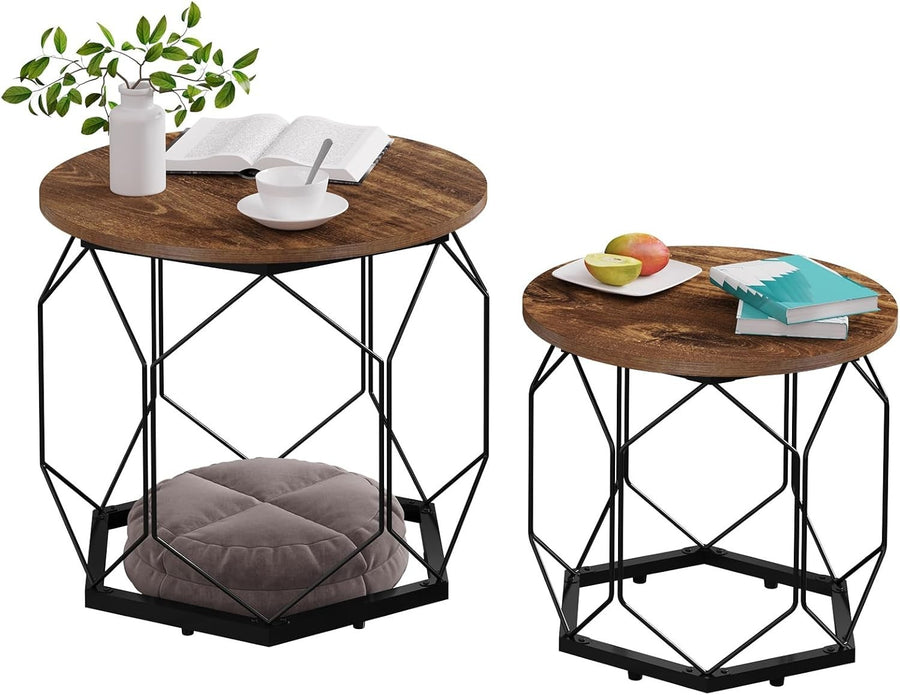 Set of 2 Round Coffee Tables with Storage Shelves, Sturdy Metal Frame