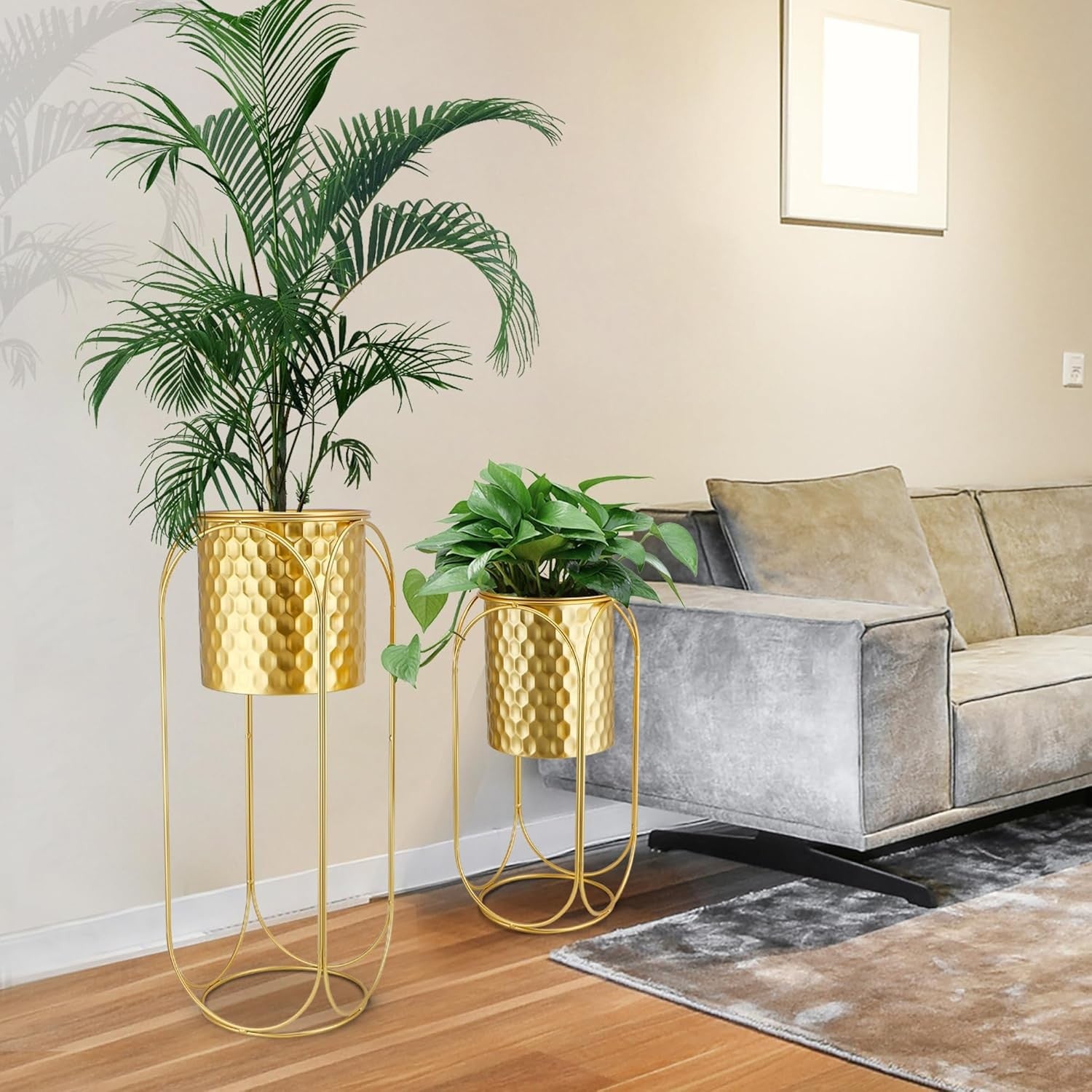 Set of 2 Gold Metal Planters with Stand Indoor Outdoor Modern Tall Plant Pots