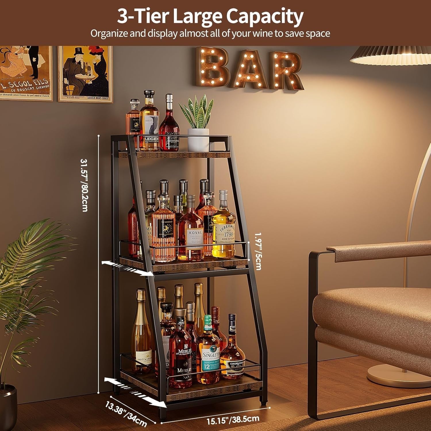3 Tier Liquor Bar Cabinet Stepped Wine Rack with Slide Shelves & Storage