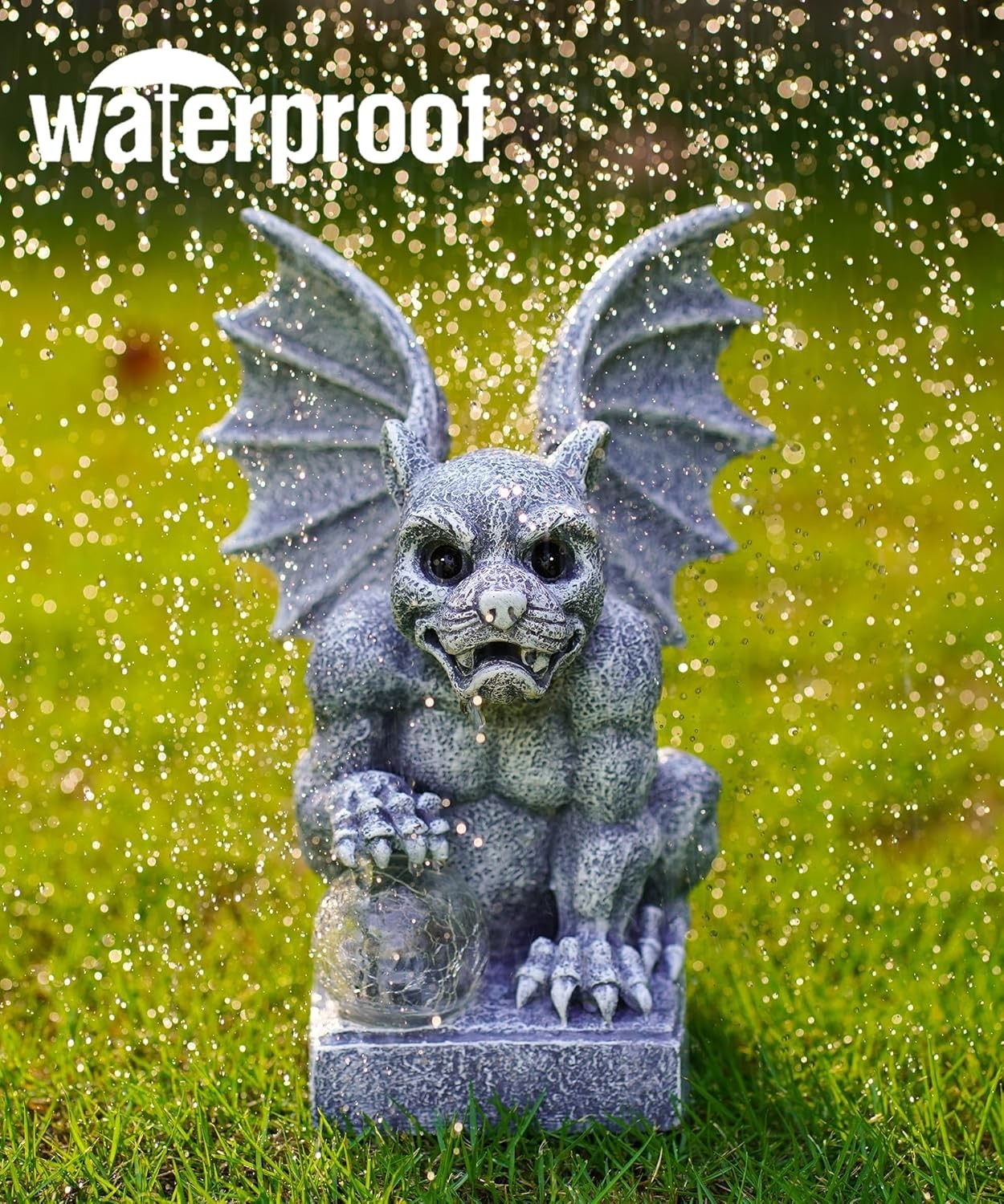Solar Gargoyle Garden Ornament with LED Ball Light – Waterproof Gothic Statue