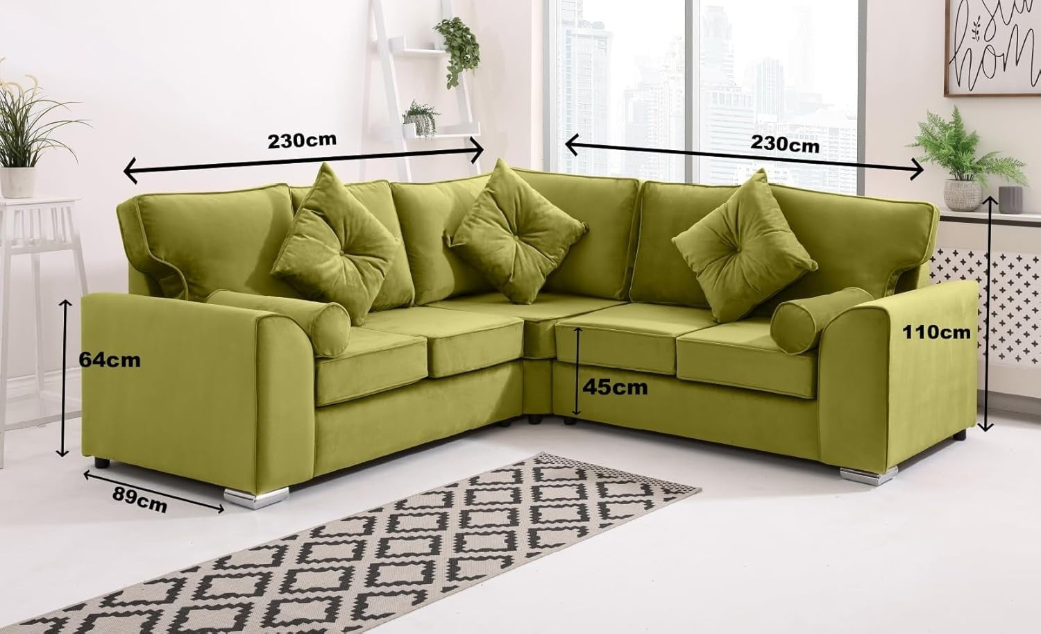 Cream Plush Velvet Corner Sofa 5 Seater Foam Cushions & Chrome Feet