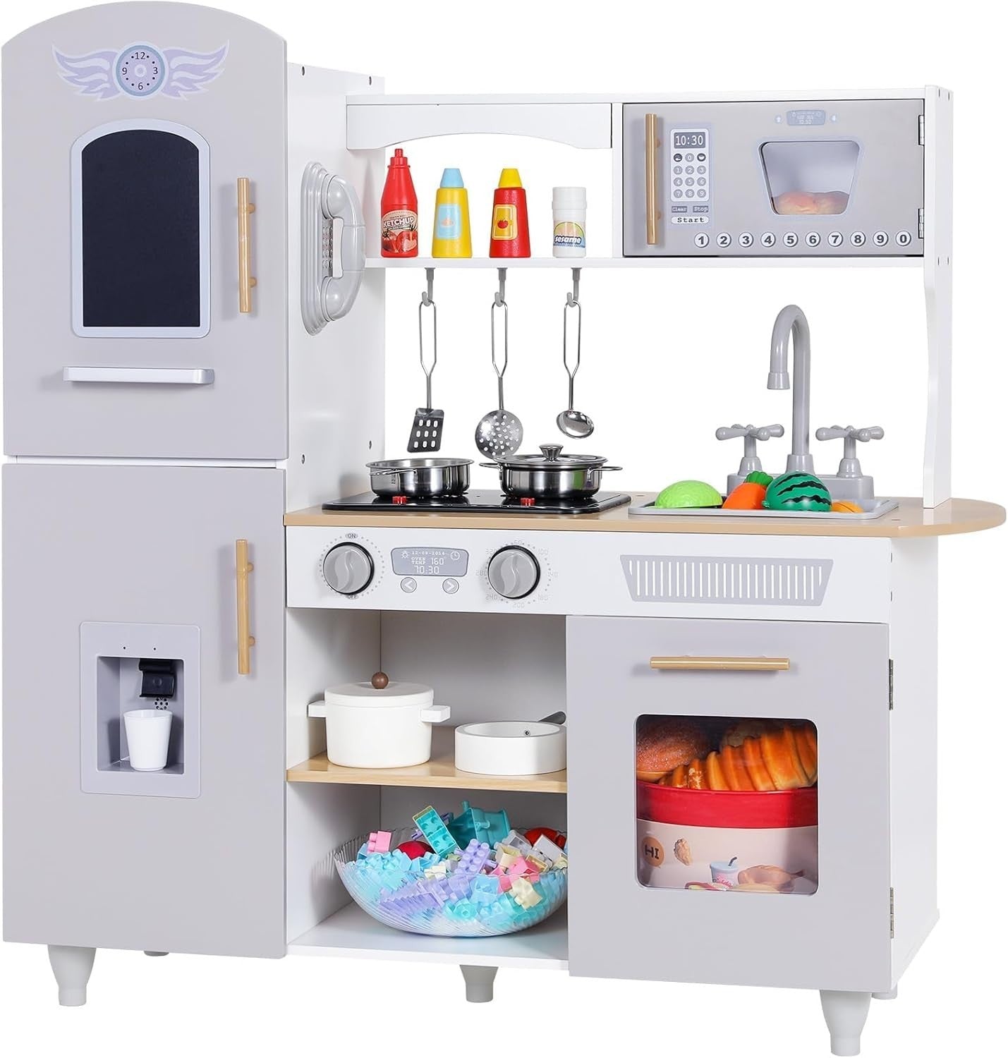 Kids Wooden Play Kitchen w/ Lights Sounds Ice Cream Maker Grey