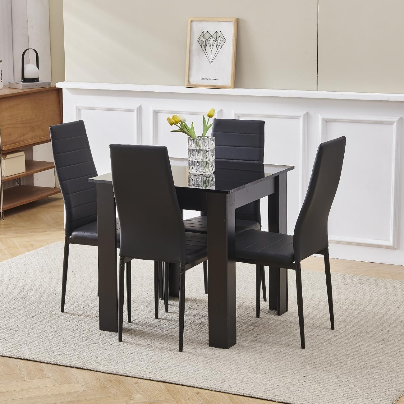 3 Piece Dining Table Set Black PU Chairs Small Space Kitchen Apartment