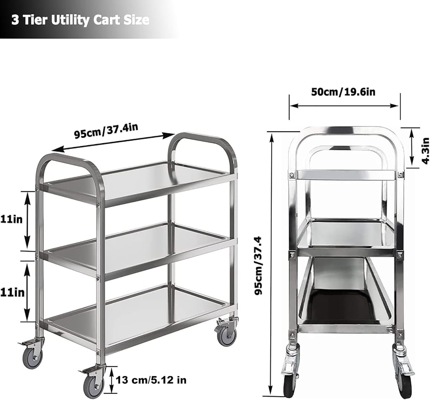 Large Stainless Steel 3 Tier Catering Trolley w/ Locking Wheels