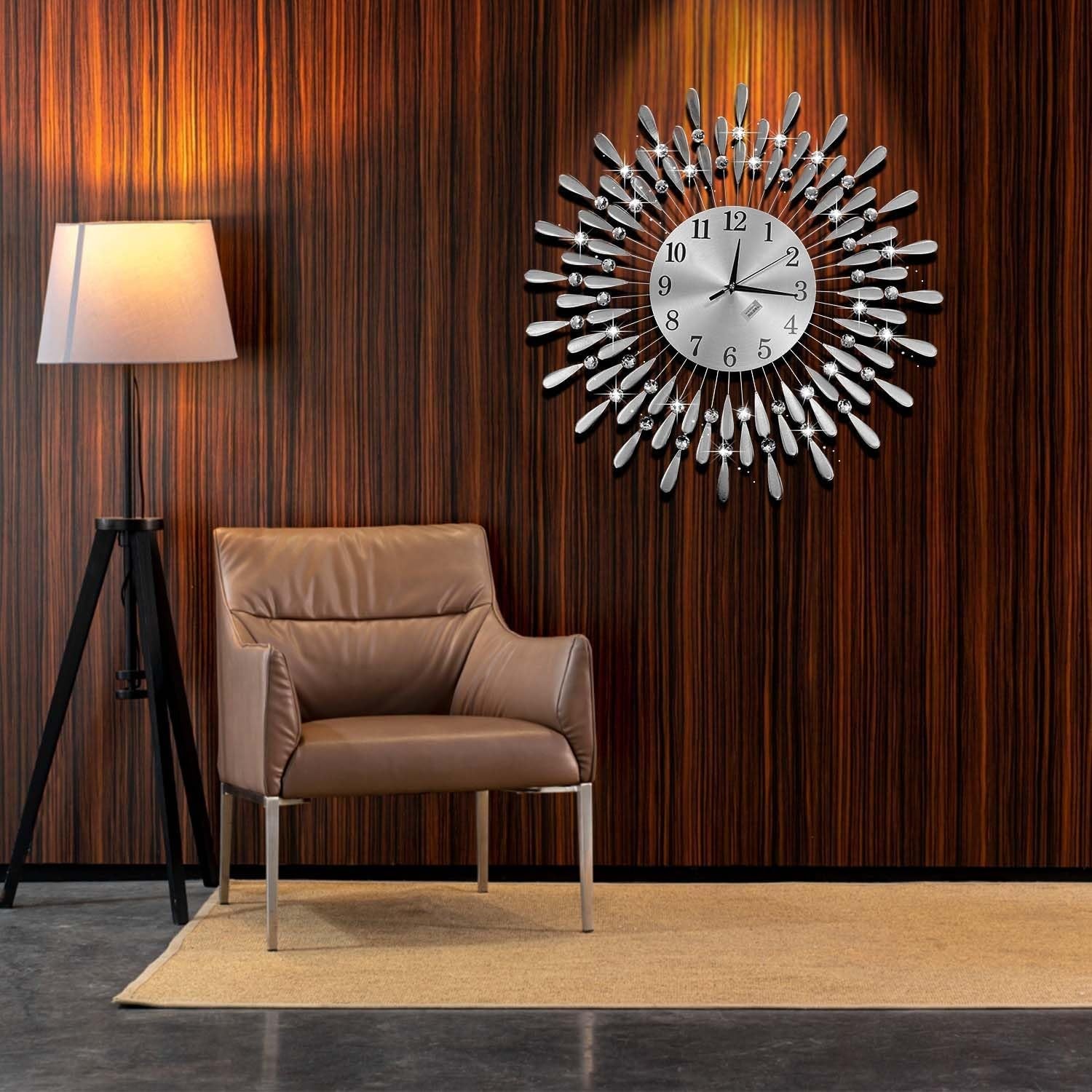 60cm Silver Sunburst Wall Clock – Luxury Diamante Beaded Modern Metal Design
