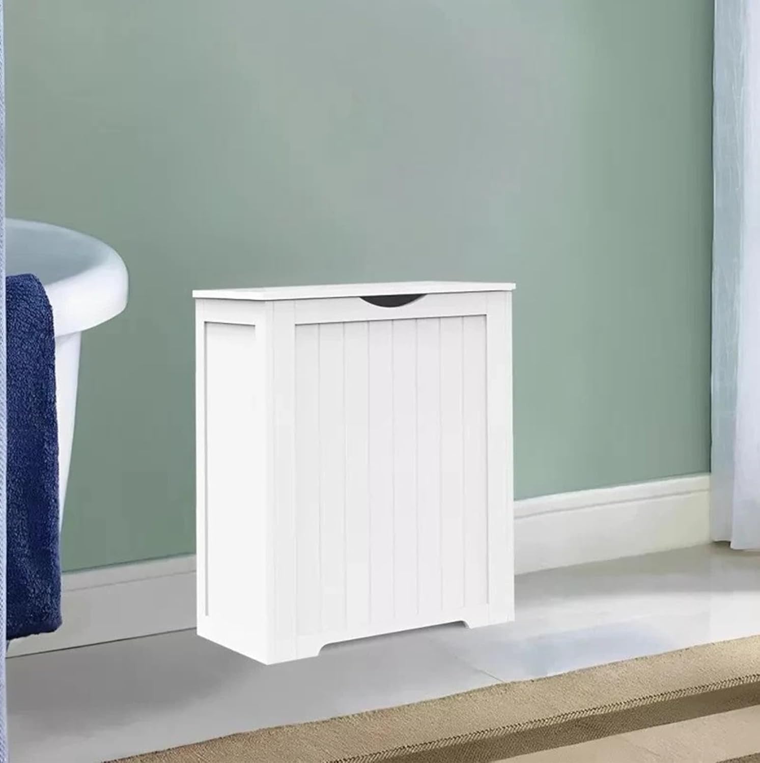Laundry Hamper Cabinet Wooden Storage Chest with Lid White Bathroom Unit