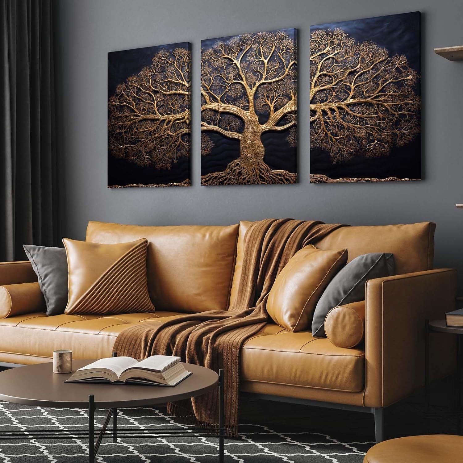 Set of 3 Golden Tree Canvas Wall Art 12x16 Framed Modern Luxury Decor