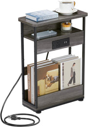 Grey Narrow Side Table with USB & Outlets – 3-Tier Slim Bedside Unit