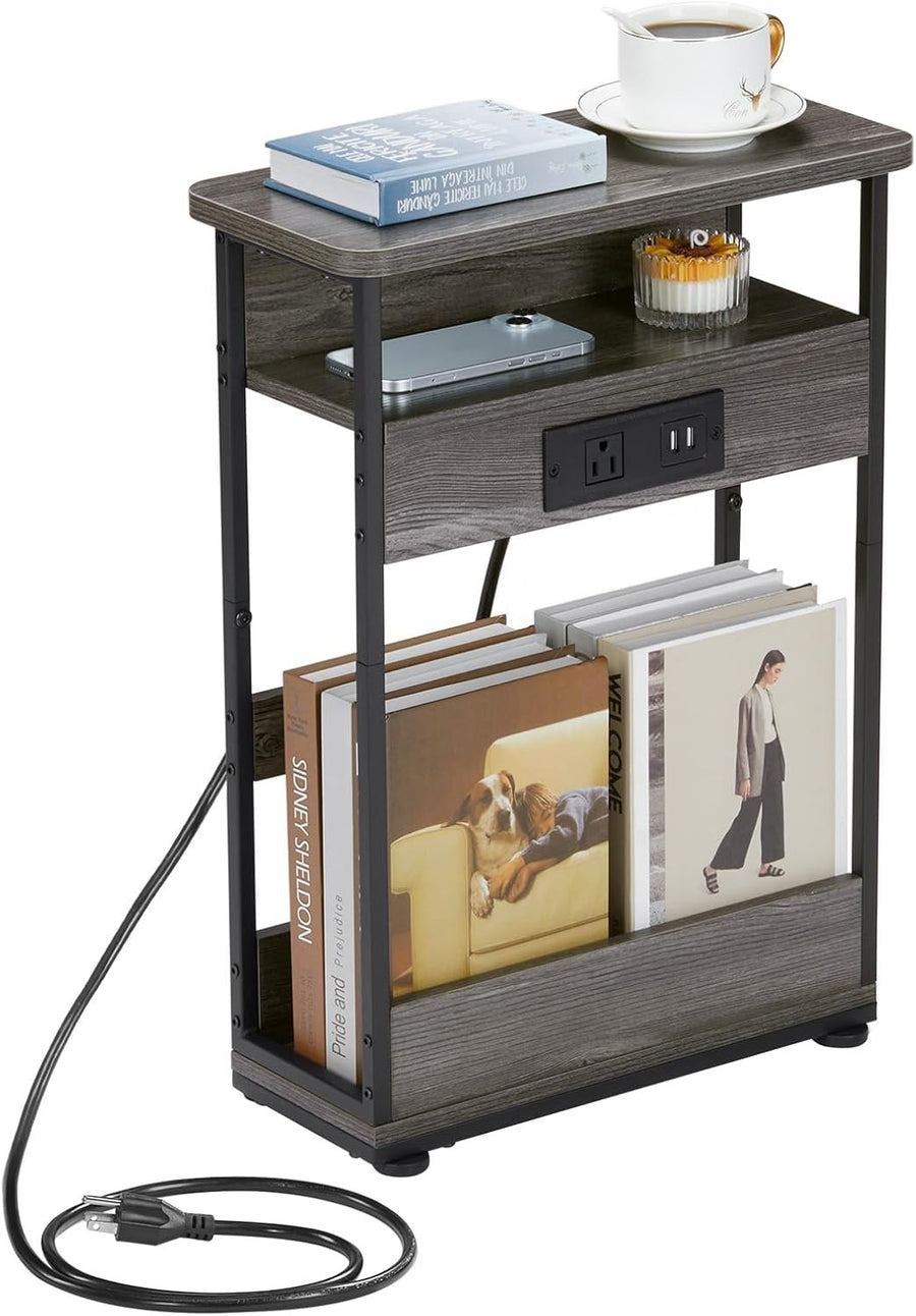 Grey Narrow Side Table with USB & Outlets – 3-Tier Slim Bedside Unit