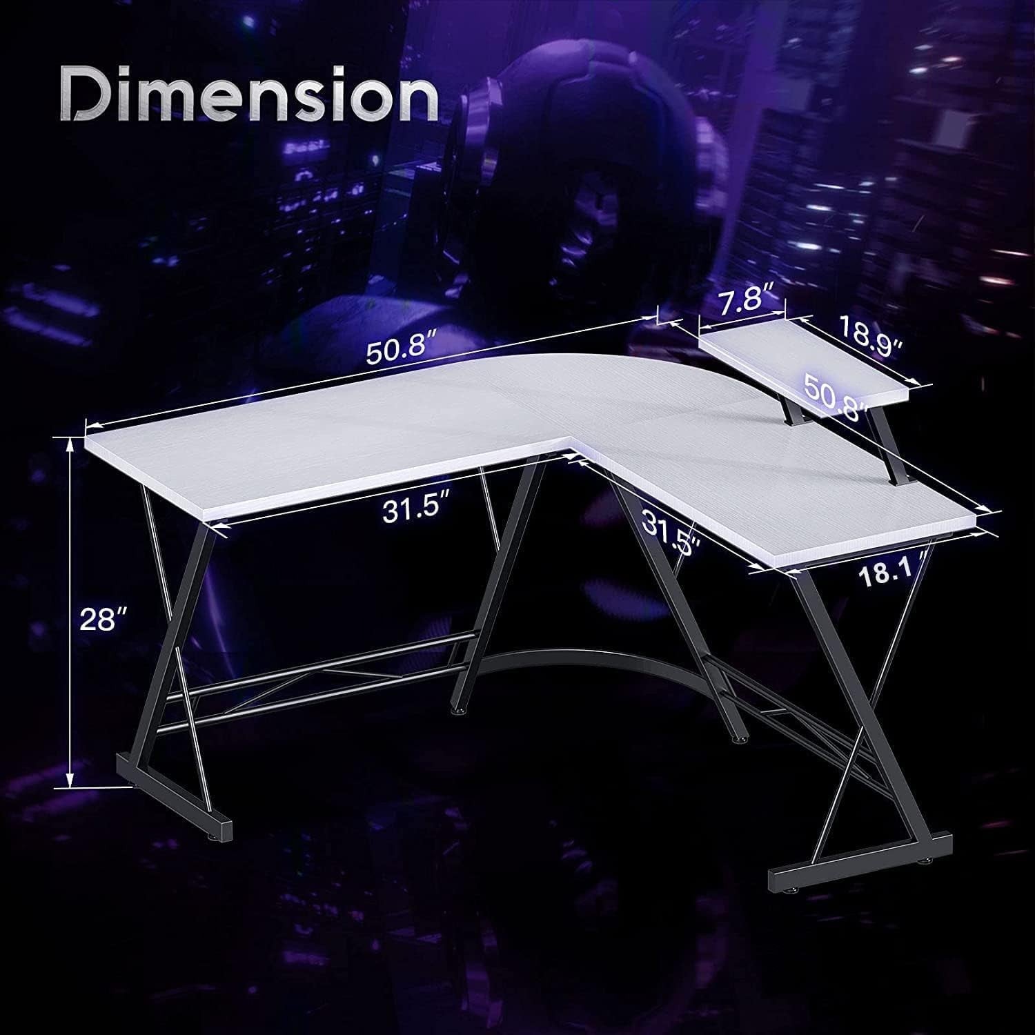 L-Shaped Corner Desk White Gaming Computer Table with Monitor Stand 129cm