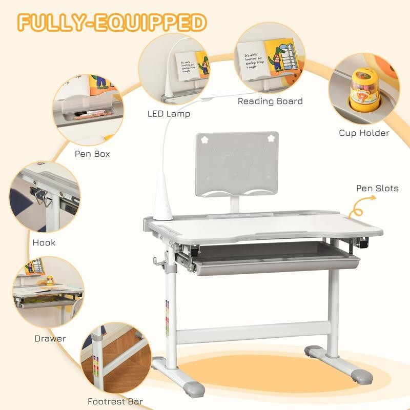 Kids Adjustable Study Desk & Chair Set w/ Lamp Drawer Tilt Table Grey 6–12