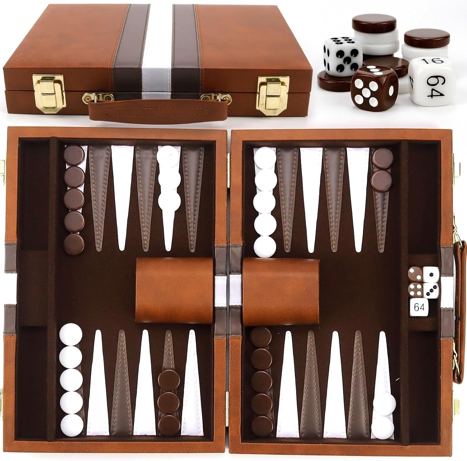 15” Travel Backgammon Set Leather Case Portable 2 Player Board Game