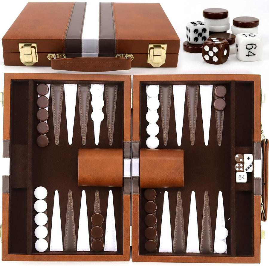 15” Travel Backgammon Set Leather Case Portable 2 Player Board Game