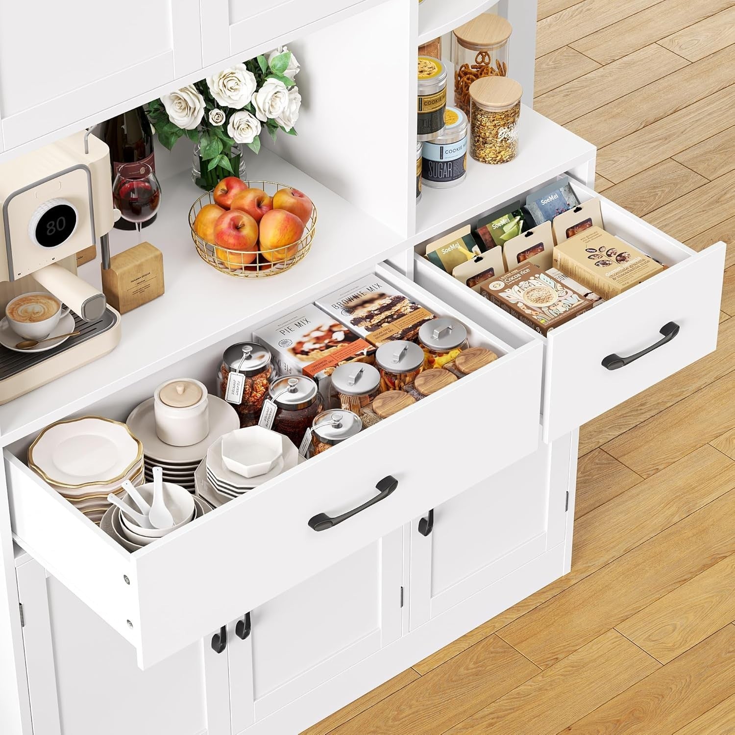 White 177cm Tall Kitchen Cupboard 5 Doors 2 Drawers Pantry Cabinet