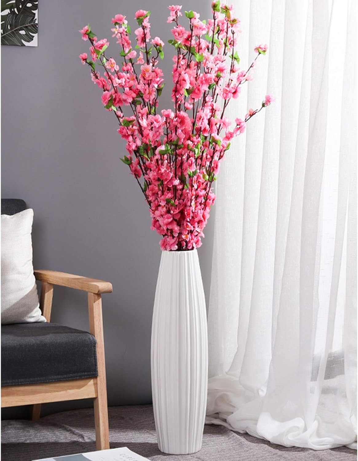 Tall Floor Vase 45cm White Striped Ceramic Pampas Grass Modern Home Decor