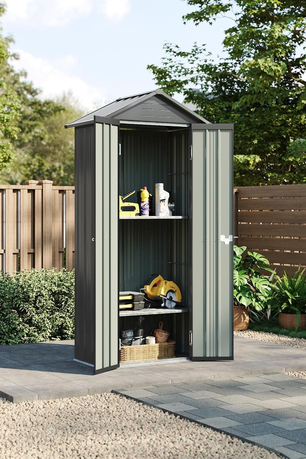 Metal Garden Shed 85x58x178cm Grey Lockable Outdoor Storage Tools