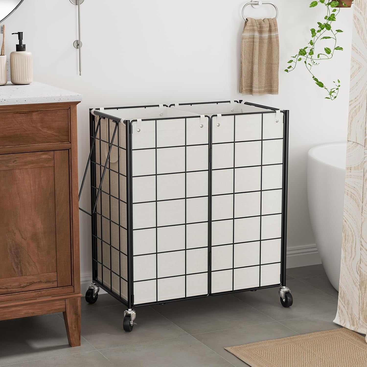120L Double Laundry Hamper on Wheels with 2 Removable Bags Metal Rolling Basket
