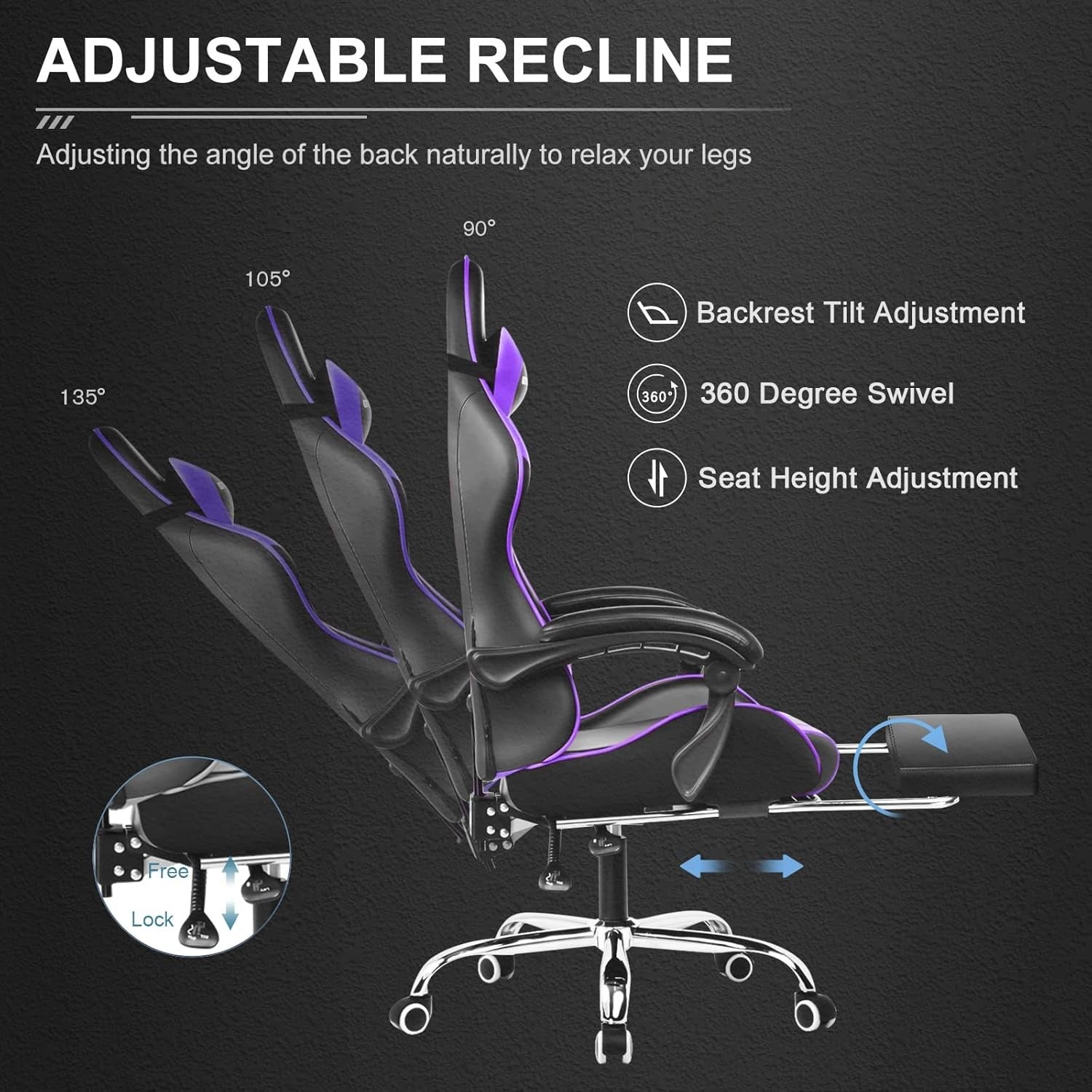 Ergonomic Gaming Chair Massage Lumbar Footrest Purple