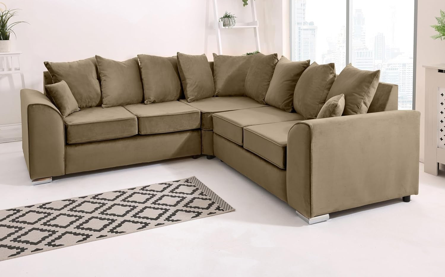 Mink Plush Velvet 5 Seater Corner Sofa – Scatterback Foam Cushions & Chrome Feet