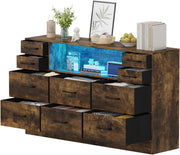 Rustic 10 Drawer LED Storage Cabinet with Wood Top for Bedroom 120x72cm