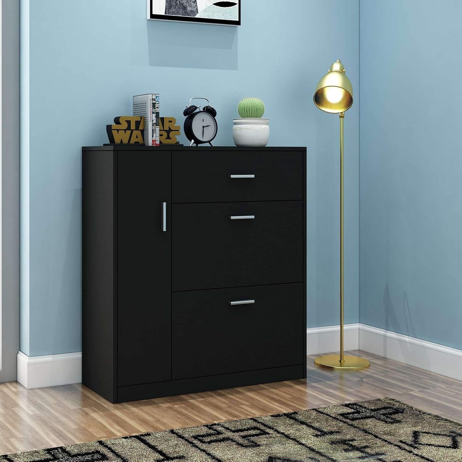 Modern 2-Drawer Wooden Shoe Cabinet Organizer for 18 Pairs Shoes Black