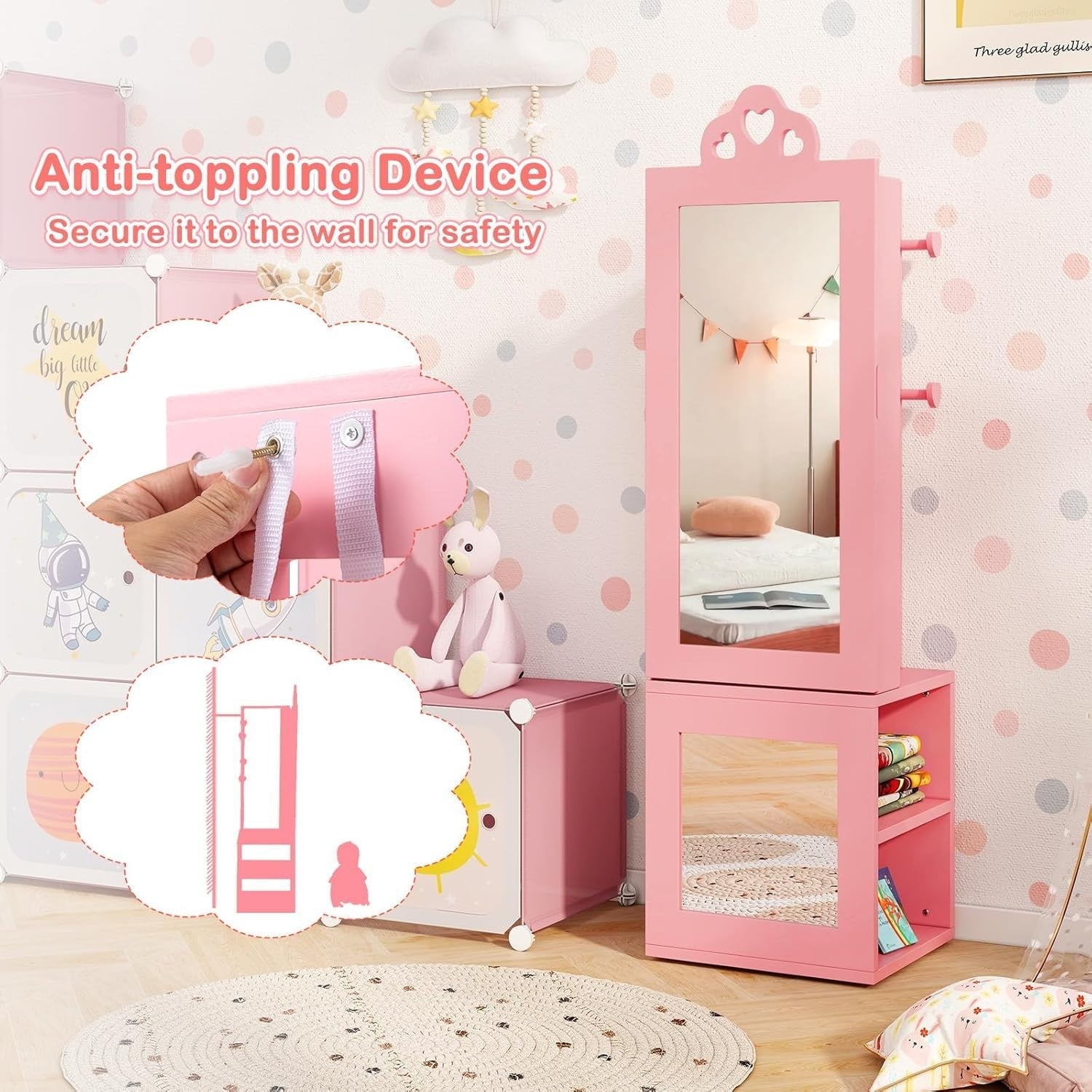 Kids Jewelry Armoire Mirror Vanity Dress Up Organizer with Clothes Rack