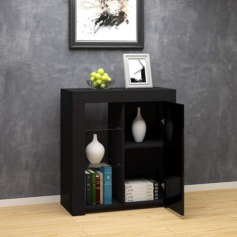 Modern Black LED Sideboard Cabinet with Glass Shelves & Storage 75x35x83cm