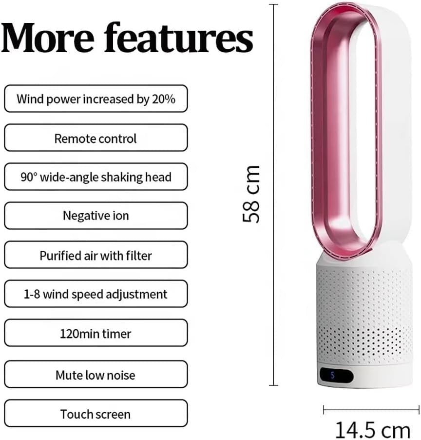 Bladeless Tower Fan 2-in-1 Air Purifier 8-Speed LED Touch Remote Control Pink