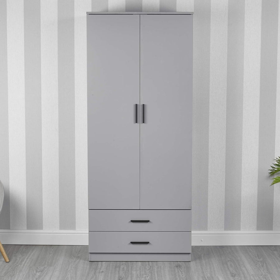 Tall Grey 2 Door Wardrobe with Grey Drawers & Hanging Rail | Bedroom Storage