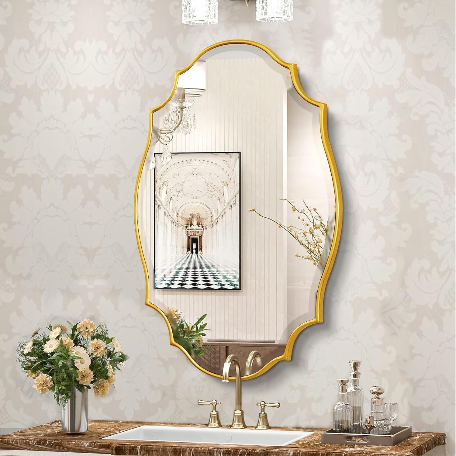 Gold Scalloped Oval Vanity Mirror 91x61cm Elegant Wall Decor for Home