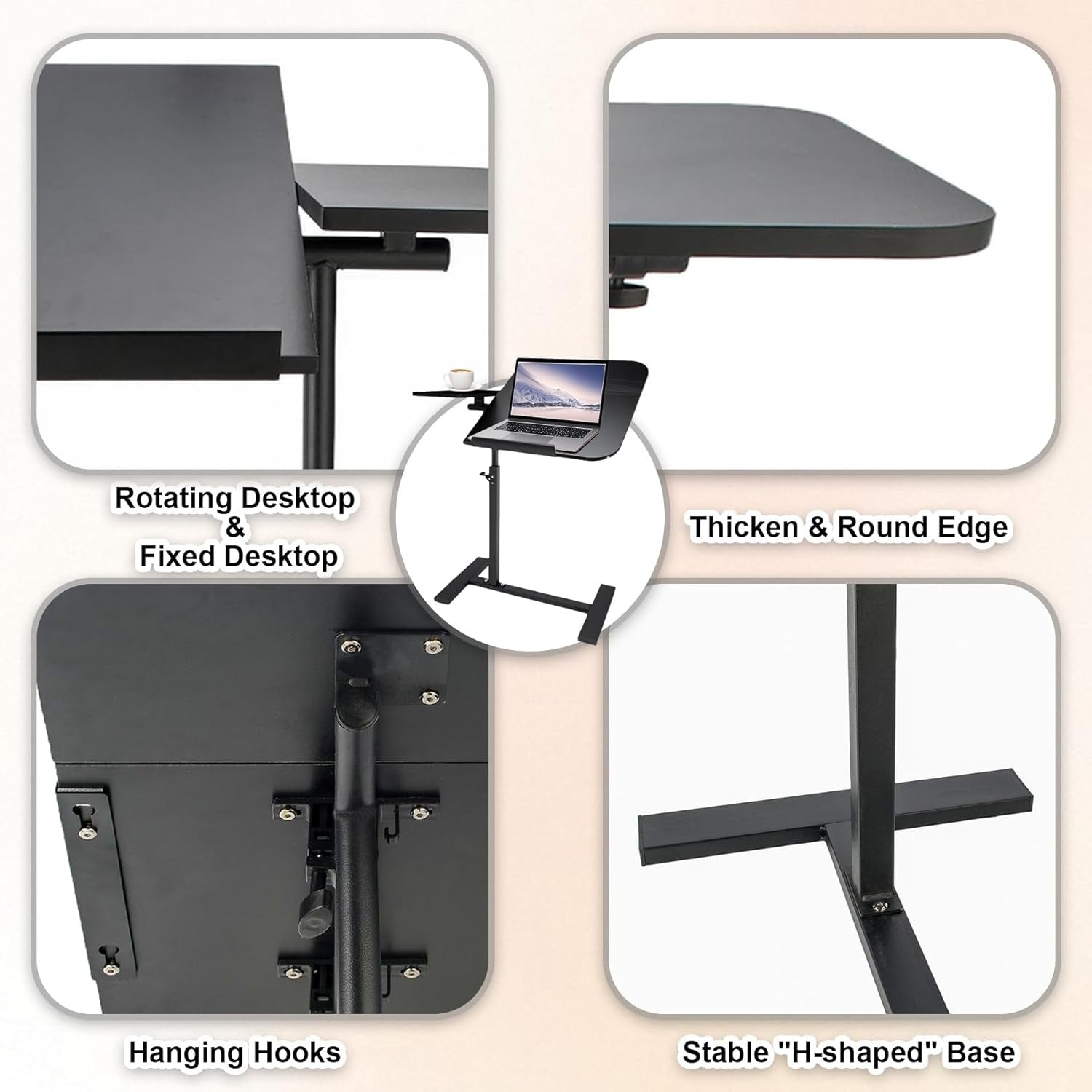 C Shaped Adjustable Sofa Side Table Laptop Desk 360° Swivel Black Top